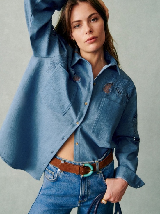 Sezane Tops - Sezane Light Blue Embroidered Denim Shirt NWT